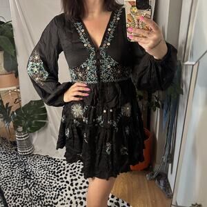 Nekane Floral Embroidered 2 Piece Top and Skirt Set Black Size Small